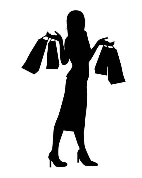 жінка тримає сумки для покупок ізольовані на білому
 - Вектор, зображення