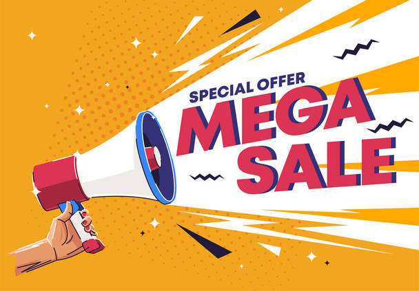 hand holding speaker, text from speaker about mega sale - Vector, Image