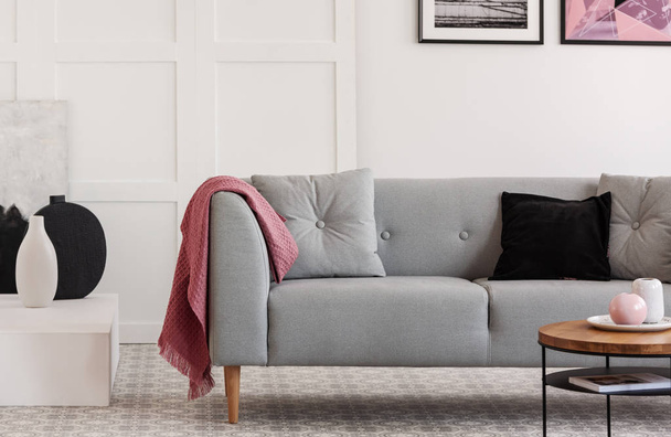 Комфортний сірий диван з подушками в елегантній вітальні зі скандинавським дизайном
 - Фото, зображення