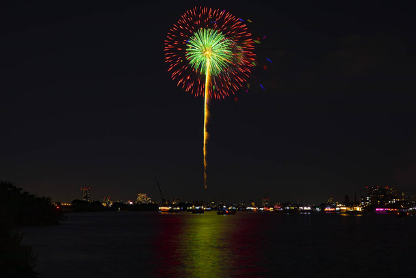 Fireworks near Edogawabashi river in Tokyo wide shot - Photo, Image