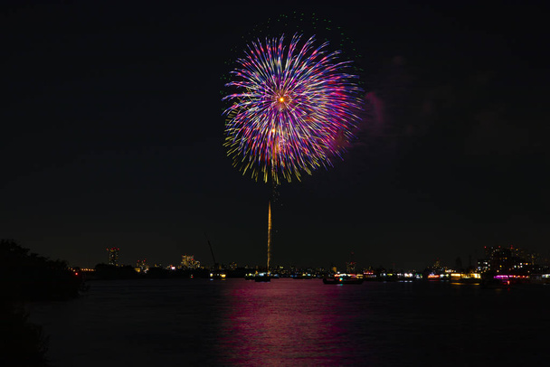 Fireworks near Edogawabashi river in Tokyo wide shot - Photo, Image