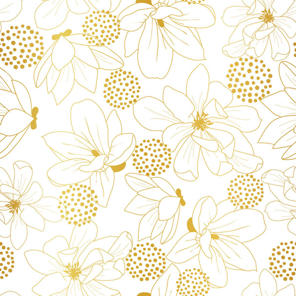 Seamless golden magnolia flowers pattern outline on white background - Vector, imagen