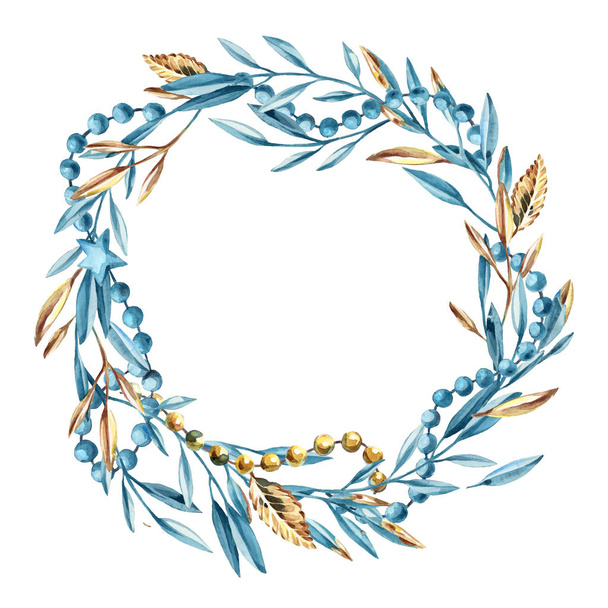 Watercolor illustration. Wreath of blue and gold retro branch wi - Fotografie, Obrázek