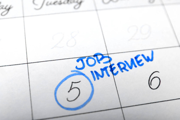 Calendar with date reminder about job interview, closeup - Fotoğraf, Görsel