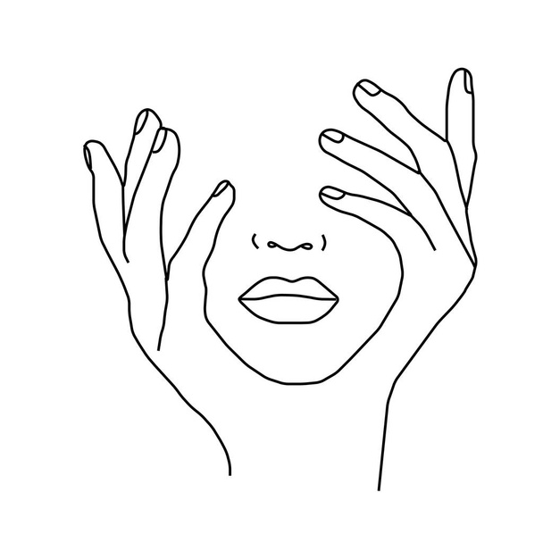 schöne Frauengesicht mit geschlossenen Augen von den Händen auf weißem Hintergrund. Vektor. - Foto, Bild