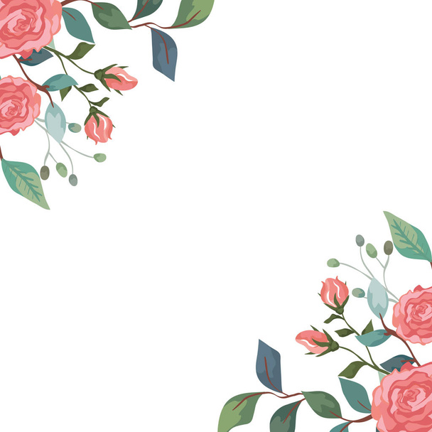 frame of roses with branches and leafs isolated icon - Vector, afbeelding