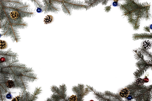 Frame made of conifer trees green branches on white background. Flat lay, copy space. - Photo, Image