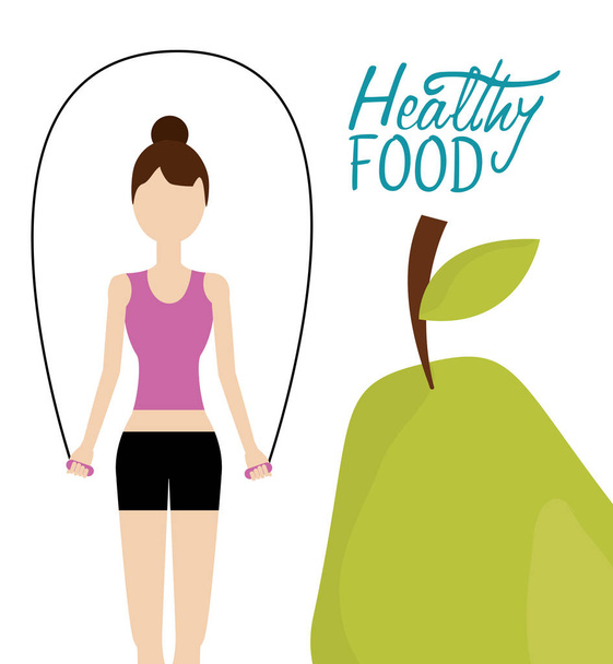 woman with jumping rope and pear healthy food - Vector, Image