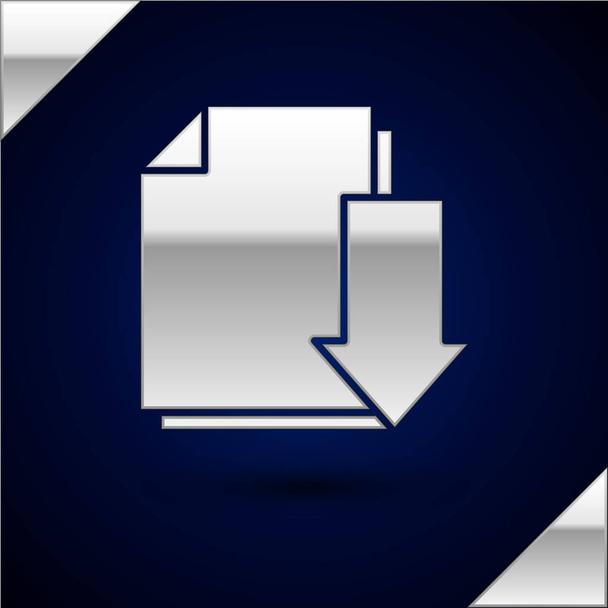 silbernes Dokument mit Downloadsymbol auf dunkelblauem Hintergrund. Dateidokument-Symbol. Vektorillustration - Vektor, Bild