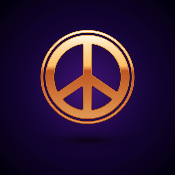 Zlatý mír ikona izolované na tmavomodrém pozadí. Hippie symbol míru. Vektorová ilustrace - Vektor, obrázek