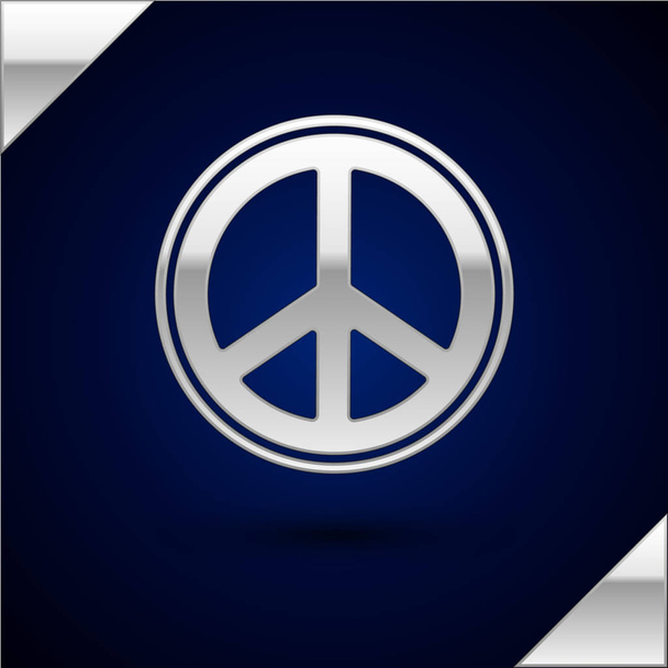 Silberne Friedensikone isoliert auf dunkelblauem Hintergrund. Hippie-Symbol des Friedens. Vektorillustration - Vektor, Bild