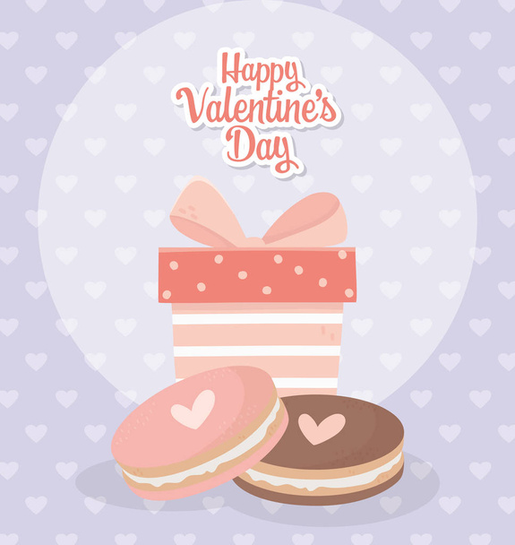 happy valentines day striped gift box and sweet cookies hearts romantic - Vector, Imagen