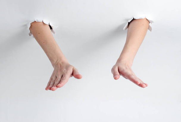Female hands show stop symbol through the torn holes of white background. Creative art - Foto, Imagen
