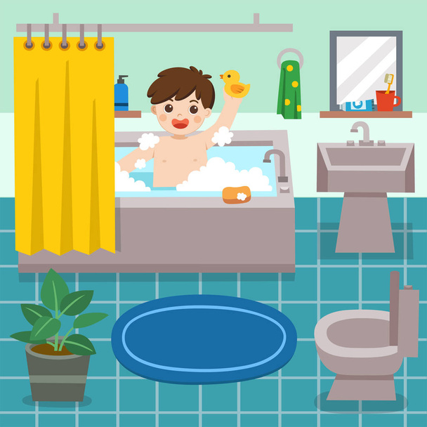 Чарівний маленький хлопчик приймає ванну у ванній з великою кількістю мила і гумової качки
. - Вектор, зображення