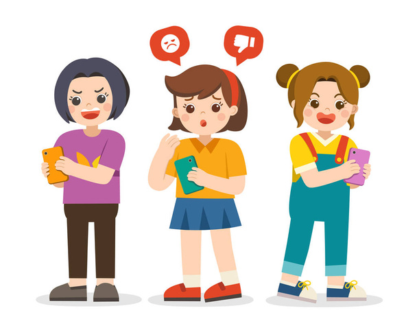 Problem of bullying at school. Girl being bullied by text message. - Vector, Image