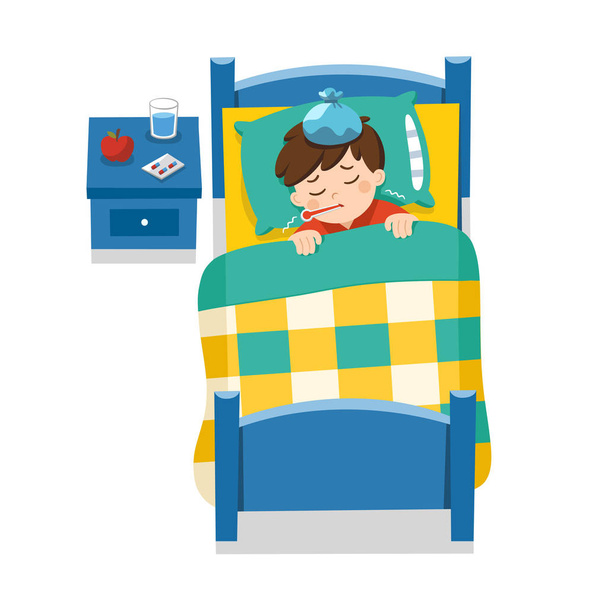 Sick cute boy sleep in bed with a thermometer in mouth and feel so bad with fever. - Vector, Image