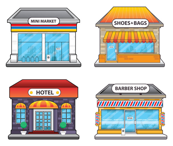 supermarkt hotel en kapper winkel gebouw illustratie - Vector, afbeelding