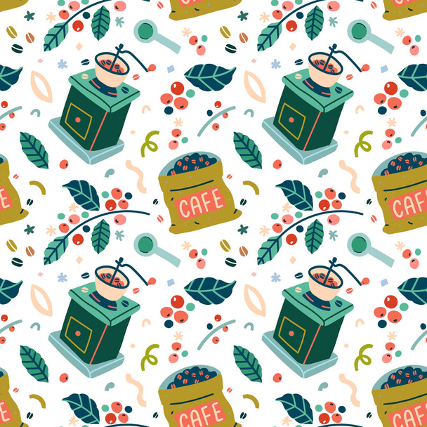 Seamless vector pattern for coffee shop, colorful vector background made of illustrations of manual coffee grinder and bag full of fresh beans, decorative backdrop with coffee leaves - Vektör, Görsel