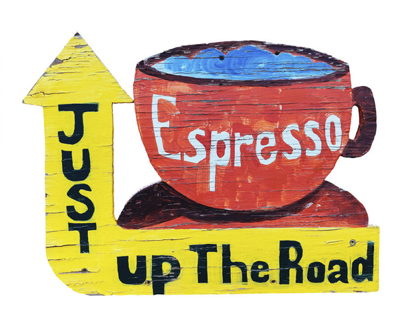 Μια ζωγραφισμένη στο χέρι πινακίδα διαφήμιση "Espresso Just Up the Road" απομονώνονται σε λευκό - Φωτογραφία, εικόνα