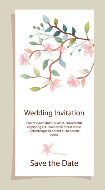 wedding invitation card with branches and flowers decoration - Vector, imagen