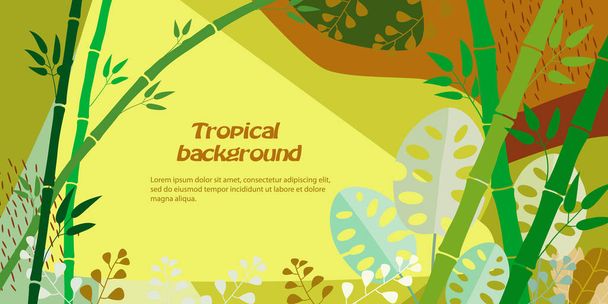 Tropical background with stalks of bamboo, monstera, jungle foliage. Vector illustration. Template for cover, advertising, web design, poster. Place for text - Vecteur, image