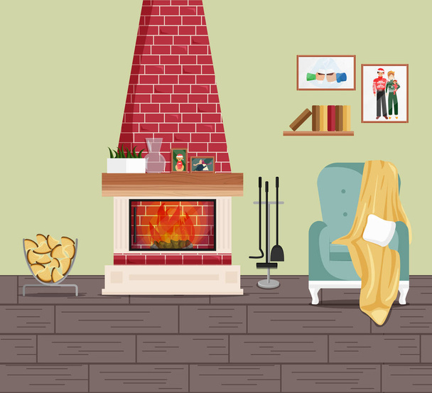 Vector Illustration of Interior with Fireplace and Armchair. American Traditional Classic Design of Living Room with Wall Pictures, Bookshelf, House Plant and Furniture. Interior in Cartoon Flat Style - Vector, Image