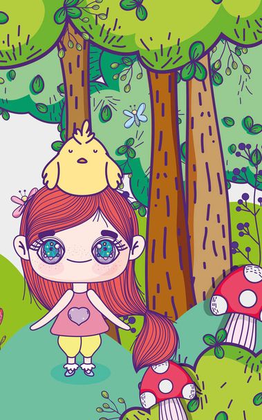 діти, маленька дівчинка аніме мультфільм з куркою в голові лісова природа
 - Вектор, зображення