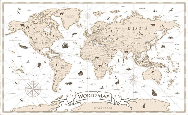Παγκόσμιος Χάρτης Vintage Cartoon Detailed - διάνυσμα με στρώματα - Διάνυσμα, εικόνα