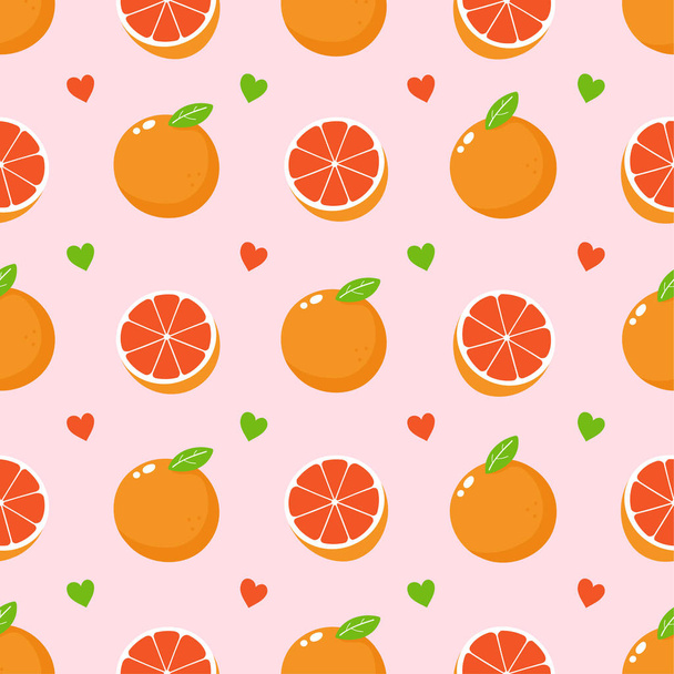 Aranyos grapefruit gyümölcs és a szív zökkenőmentes minta - Vektor, kép