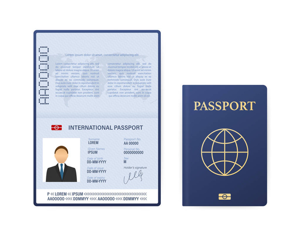 Modello di passaporto aperto vuoto. Passaporto internazionale con pagina di dati personali campione. Illustrazione dello stock vettoriale. - Vettoriali, immagini