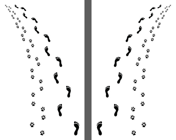 Fußabdrücke von Mensch und Hund auf weißem Hintergrund, links oder rechts abbiegen, Vektor - Vektor, Bild