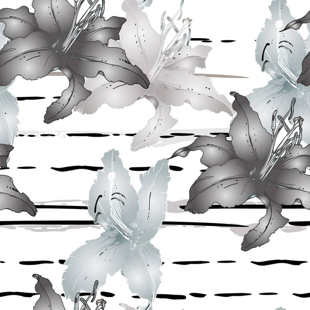 Floral Black and White Seamless Pattern. Stripe - Vector, imagen