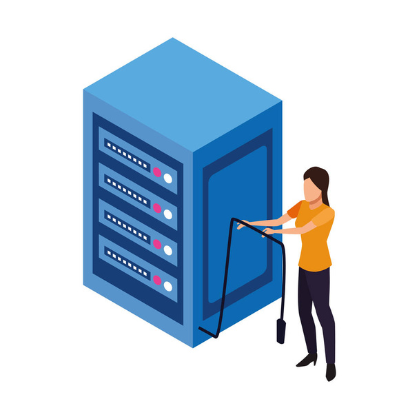 data center server and woman holding a cord icon - Vector, Image