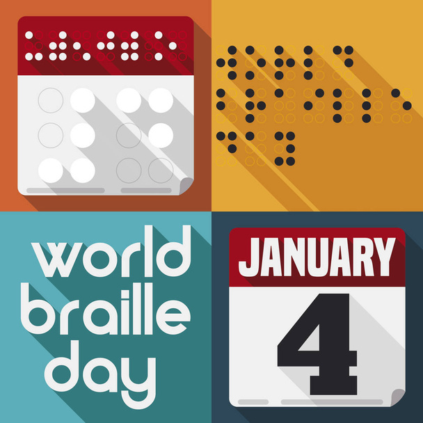 Plochý design s kalendáři a pozdravy k oslavě Braillova dne, vektorová ilustrace - Vektor, obrázek