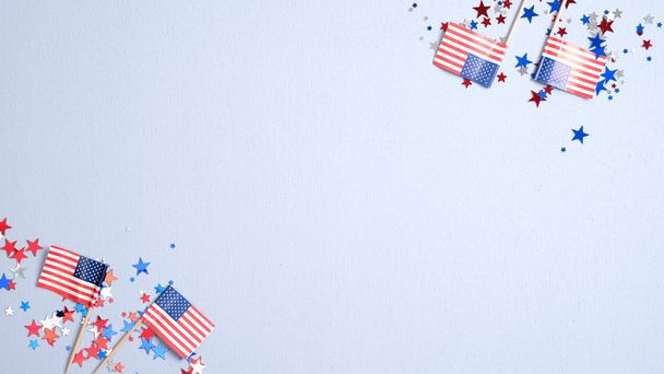 Presidents Day or Independence Day USA concept. American flags and confetti stars on blue background. Flat lay, top view. - Photo, Image