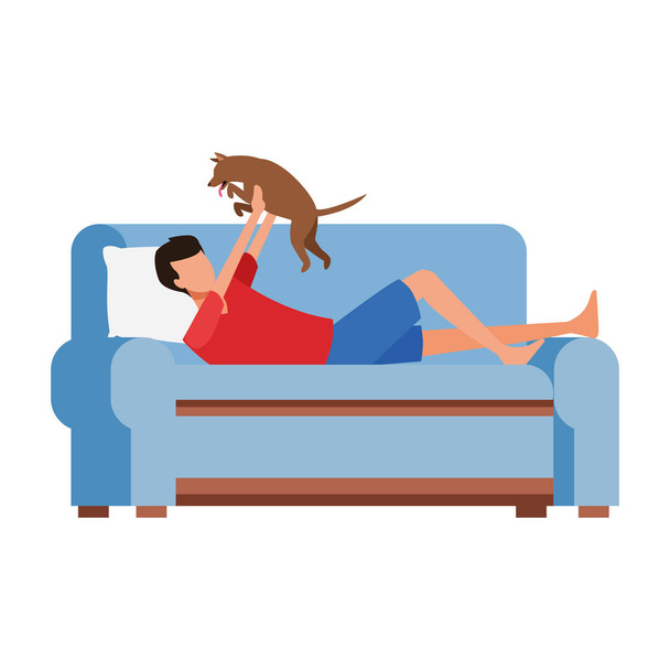 мужчина с котом, лежащим на диване, красочный дизайн
 - Вектор,изображение