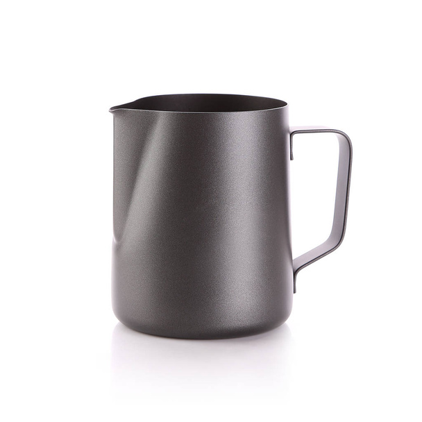 Frosted Surface Stainless Steel Milk Frothing Pitcher Cup with Handle Isolated On White Background.  Kitchen Tool, Heat-resistant And Durable. Design Template For Mock-up. Studio Shoot - Photo, Image