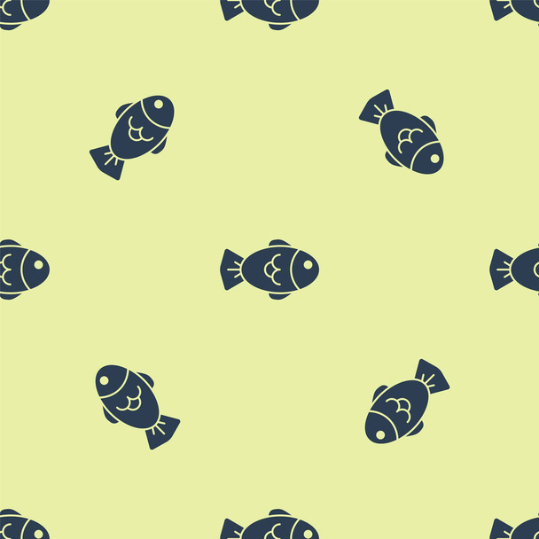 Blue Fish icon isolated seamless pattern on yellow background. Vector Illustration - Vektör, Görsel