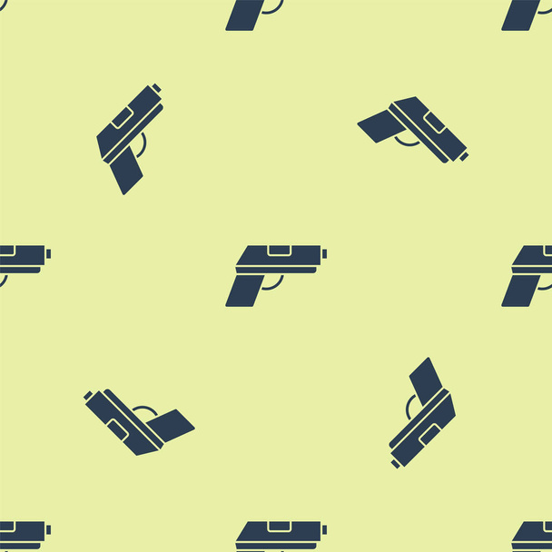 Blue Pistol or gun icon isolated seamless pattern on yellow background. Police or military handgun. Small firearm. Vector Illustration - Vector, Image
