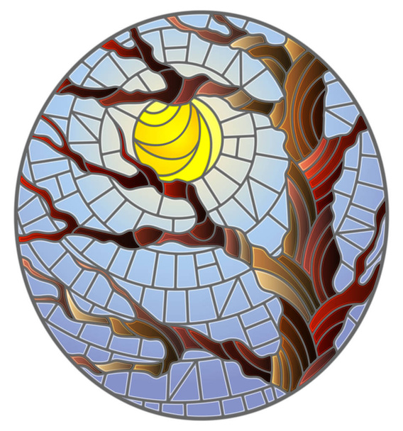 Ilustracja w stylu witrażu z jesiennym gołym drzewem na tle nieba i słońca, owalne zdjęcie  - Wektor, obraz