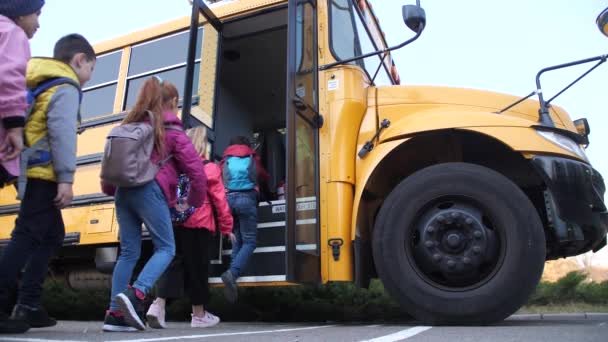 Diverse basisleeftijd kinderen krijgen op school bus - Video