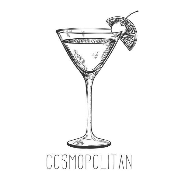 Alcoholic cocktail - cosmopolitan with lime and cherry - Vettoriali, immagini