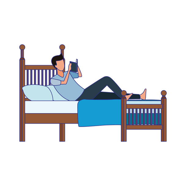 άνθρωπος που διαβάζει ένα βιβλίο ξαπλωμένος στο κρεβάτι - Διάνυσμα, εικόνα