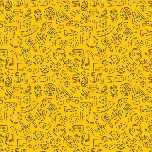 Cars, road objects, traffic signs and automobile symbols. Seamless pattern in doodle style. Vector illustration - Vector, Image