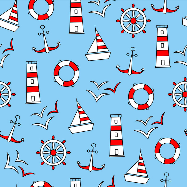 Płynny wzór wektorowy elementów morskich ikon Anchor Ship Wheel Seagull latarnia morska i linia życia. Wykonane w czerwonej bieli na niebieskim tle. - Wektor, obraz