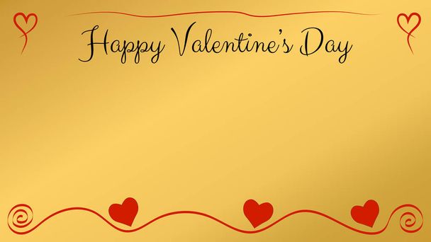 Valentinstag-Postkarte mit goldenem Hintergrund und roten Herzen und Ornament. - Vektor, Bild