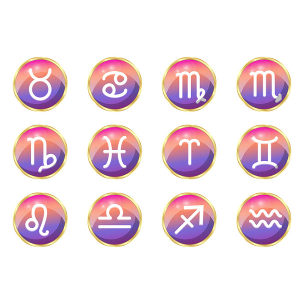 Vektorová sada ikon pro místo na téma astrologie, na bílém pozadí, s fialově žlutým gradientem. Znamení zvěrokruhu: Kozoroh, Ryby, Libra, Vodnář, Blíženec, Štír, Leo, Sagittarius, Taurus, Aries, Panna, Rakovina - Vektor, obrázek
