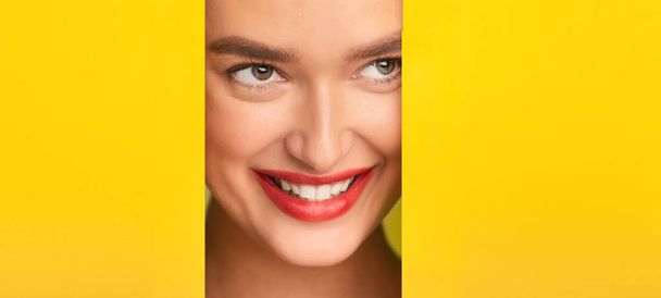 Mujer con labios rojos brillantes en marco de papel amarillo
 - Foto, imagen
