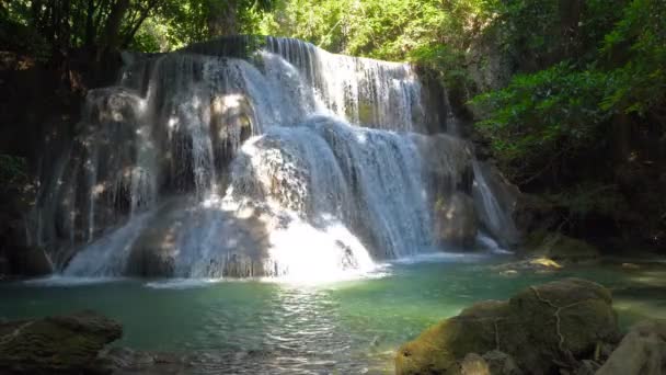 Waterfall in deep forest at Huay Mae Kamin Waterfall The beautiful and famous in Khuean Srinagarindra National Park Kanchanaburi province, Thailand. - Footage, Video