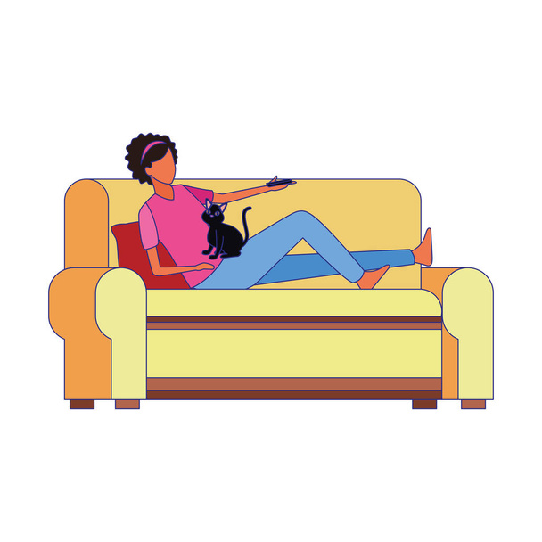 γυναίκα με μια γάτα ξαπλωμένη στον καναπέ - Διάνυσμα, εικόνα